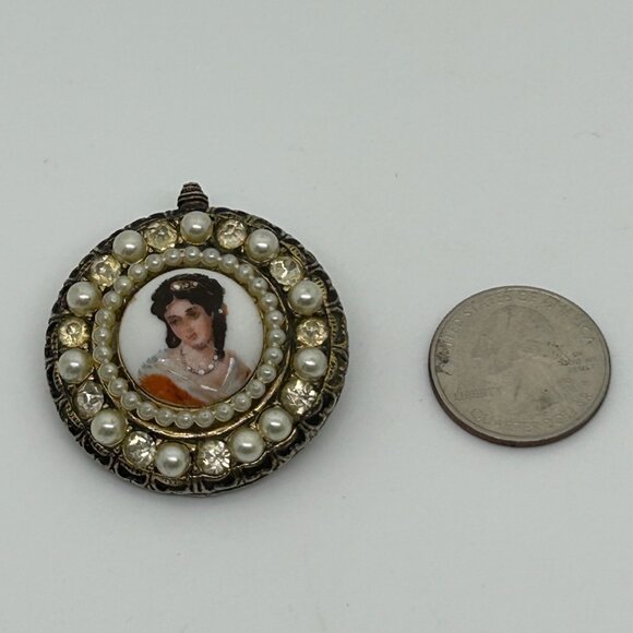 Vintage Limoges Porcelain Cameo Brooch Faux Pearls Rhinestones Hand Painted READ - Picture 3 of 16